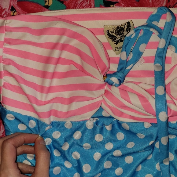 Rare Queen of Heartz pink stripe blue polka dot retro pinup swimsuit size S - Picture 8 of 12